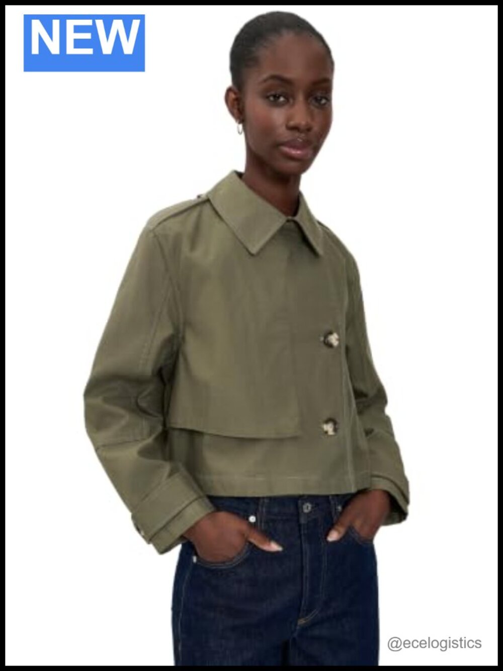 Cropped Cotton Trench Coat Double-Breasted Long Sleeve